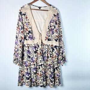 Torrid Womens Cream Floral Crochet Mini Gauze Lace Up Skater Dress Size 4X Boho